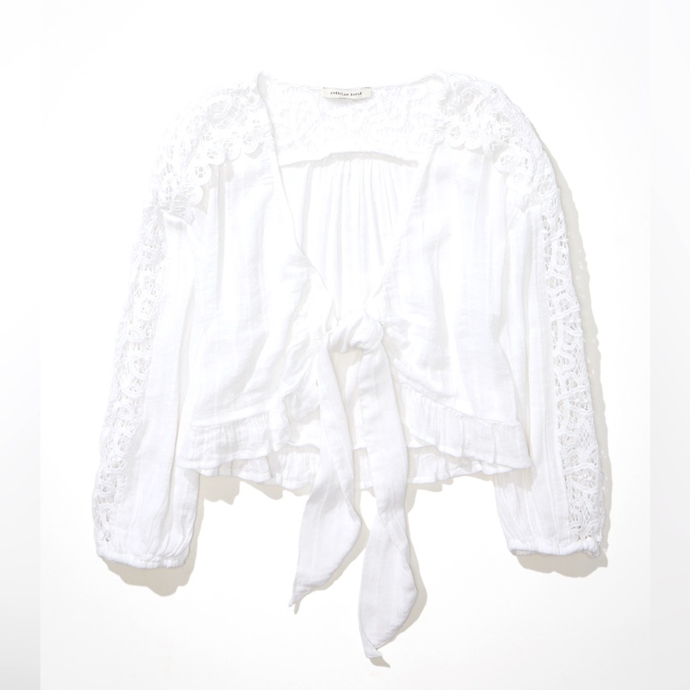 American Eagle Cropped Crochet Tie-front Shirt Top